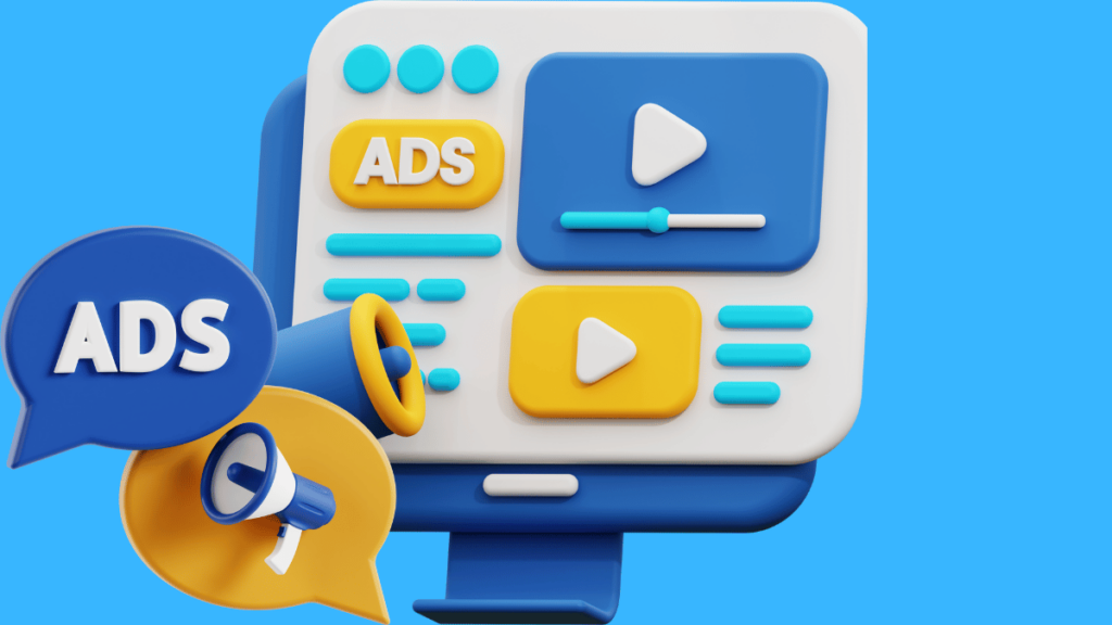 Ilustração 3D de uma interface de anúncios digitais com ícones de reprodução de vídeo, megafones e balões de diálogo contendo a palavra "ADS". A paleta de cores inclui azul, amarelo e branco, com elementos representando publicidade e comunicação.