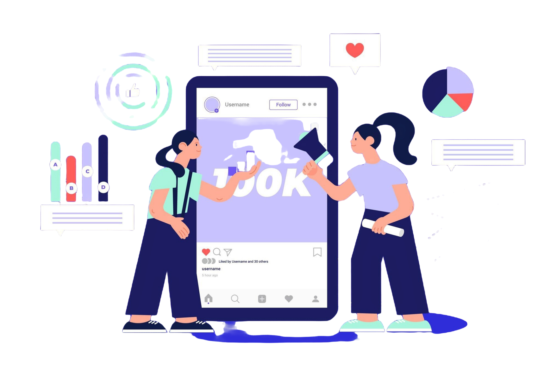 Ilustração digital de duas pessoas ao lado de um grande smartphone com uma interface de rede social exibida na tela. Uma delas segura um megafone, enquanto a outra aponta para o conteúdo. Elementos visuais incluem gráficos de barras, um coração representando "likes" e um gráfico de pizza.