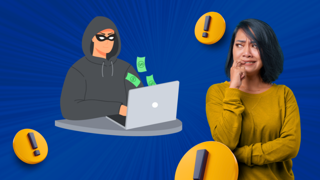 Uma ilustração de um hacker com capuz preto em frente a um laptop, com ícones de dinheiro flutuando, observada por uma mulher preocupada ao lado. Elementos de exclamação chamam atenção para possíveis golpes.