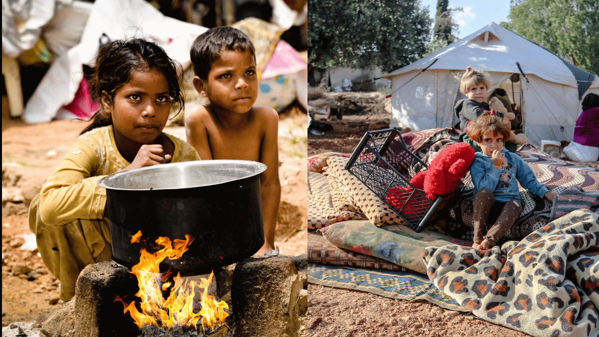 Imagem dividida em duas partes. À esquerda, duas crianças em situação de vulnerabilidade próximas a uma panela fervendo em uma fogueira improvisada. À direita, três crianças sentadas em um ambiente de acampamento, cercadas por cobertores e pertences básicos, diante de uma tenda branca.