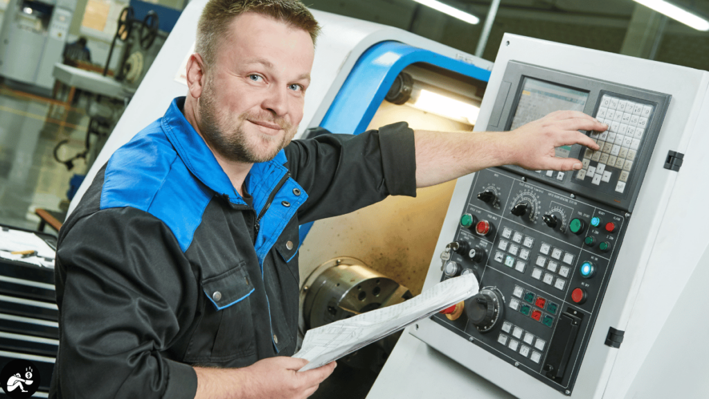 Técnico operando uma máquina CNC em um ambiente industrial. Ele está sorrindo, vestindo uniforme azul e preto, enquanto segura um manual e ajusta os controles do painel da máquina.