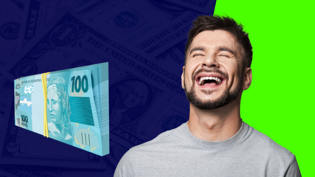 Um homem sorridente, com notas de 100 reais ao lado, representando sucesso financeiro e alegria ao ganhar dinheiro em casa. O fundo colorido realça a composição.