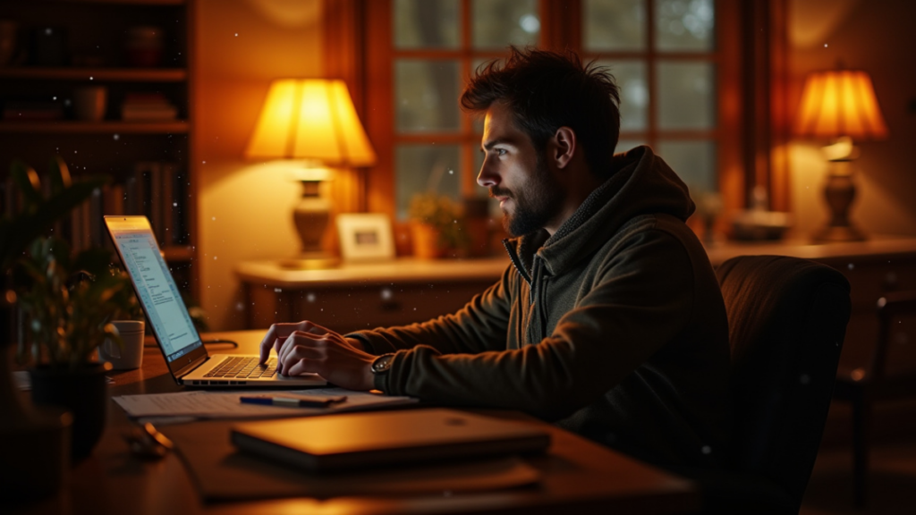 Homem trabalhando em um laptop durante a noite, com luz suave de abajures iluminando o ambiente e um ambiente tranquilo ao fundo.