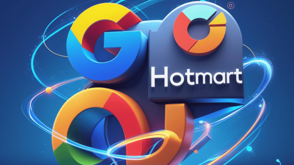 Uma representação visual destacando a colaboração entre Google e Hotmart, com seus logotipos conectados em um design dinâmico, envolto por elementos gráficos coloridos.