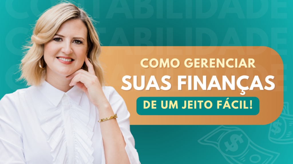 Mulher sorrindo e apontando para a câmera, com o texto "Como Gerenciar Suas Finanças de Um Jeito Fácil!" ao fundo, destacando uma mensagem de educação financeira.