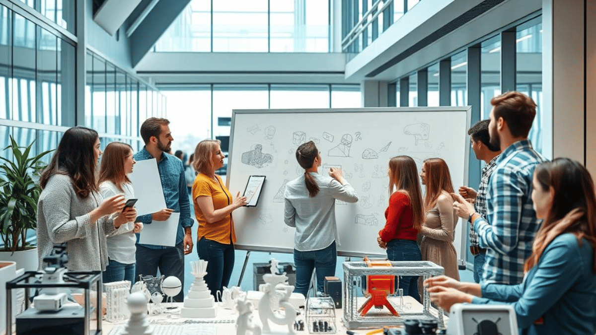 : Grupo de profissionais reunidos em um espaço moderno de escritório, participando de uma sessão de brainstorming. No centro, uma mulher escreve em um quadro branco repleto de esboços e ideias, enquanto os colegas observam e contribuem com sugestões. O ambiente está repleto de protótipos e objetos tecnológicos, sugerindo um foco em inovação e desenvolvimento de produtos.