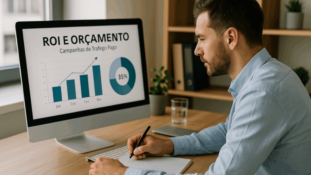 Homem analisando gráfico de ROI e orçamento de campanhas de tráfego pago em tela de computador, enquanto faz anotações.