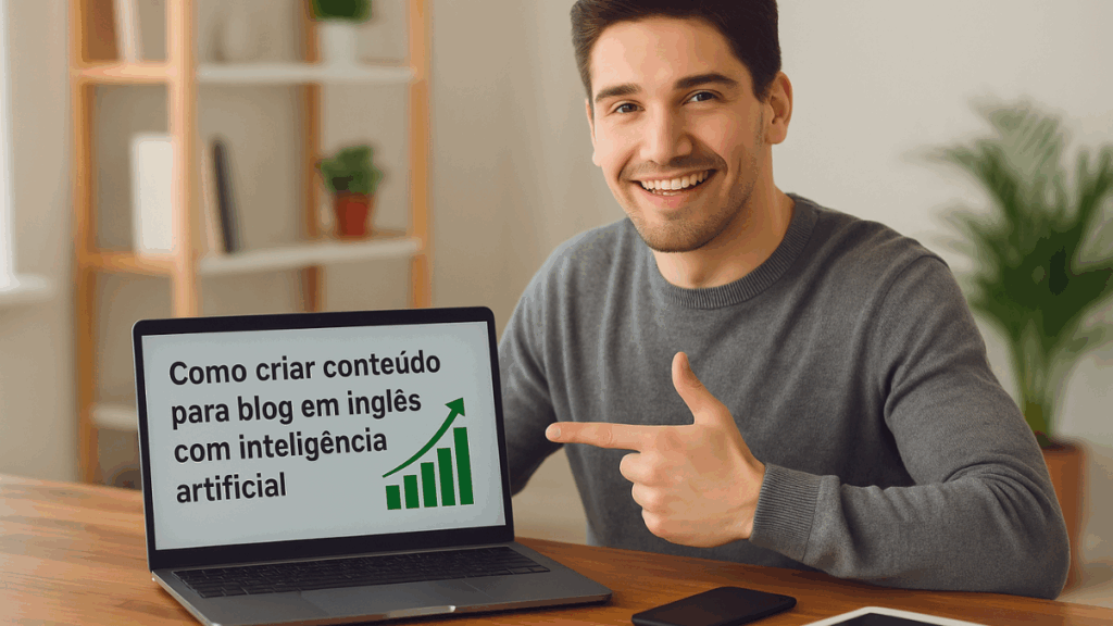 Homem sorridente aponta para gráfico de crescimento exibido em seu notebook com texto sobre criação de conteúdo com inteligência artificial.