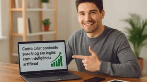Homem sorridente aponta para gráfico de crescimento exibido em seu notebook com texto sobre criação de conteúdo com inteligência artificial.