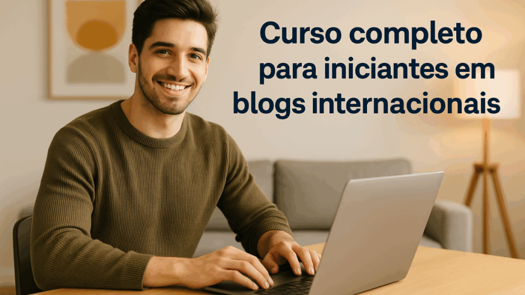 Homem sorridente sentado com notebook e texto “Curso completo para iniciantes em blogs internacionais” ao fundo.