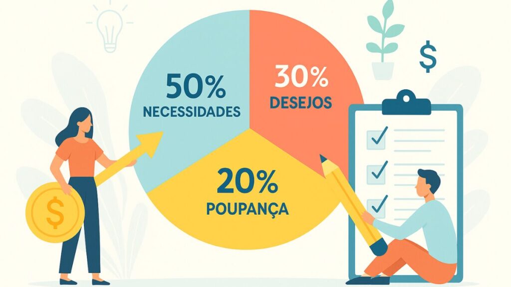 Gráfico ilustrando o método 50-30-20 com divisões de 50% para necessidades, 30% para desejos e 20% para poupança, com personagens simbolizando controle financeiro.