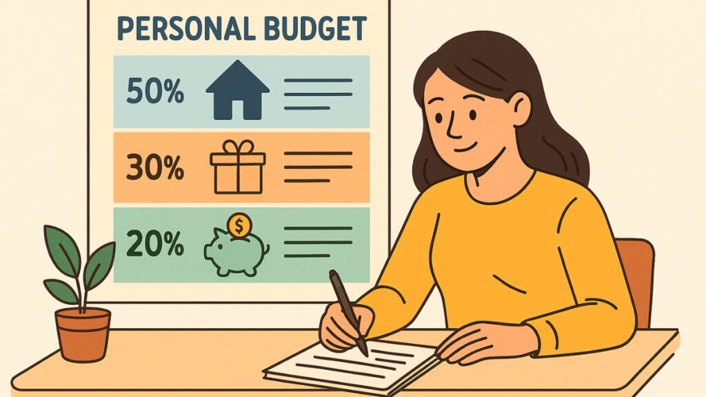Mulher preenchendo caderno de planejamento financeiro com gráfico de orçamento ao fundo dividido em 50%, 30% e 20% para necessidades, desejos e poupança.