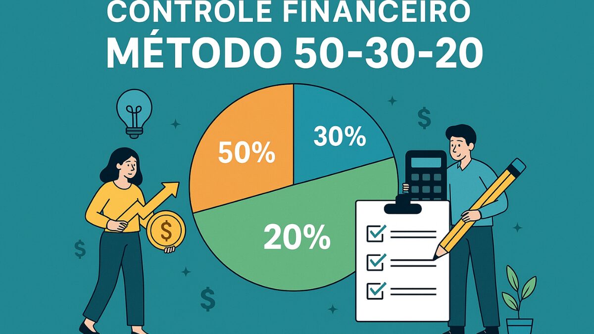 Ilustração do método 50-30-20 para controle financeiro, com gráfico de pizza dividido em 50%, 30% e 20%, ao lado de personagens interagindo com calculadora e checklist.