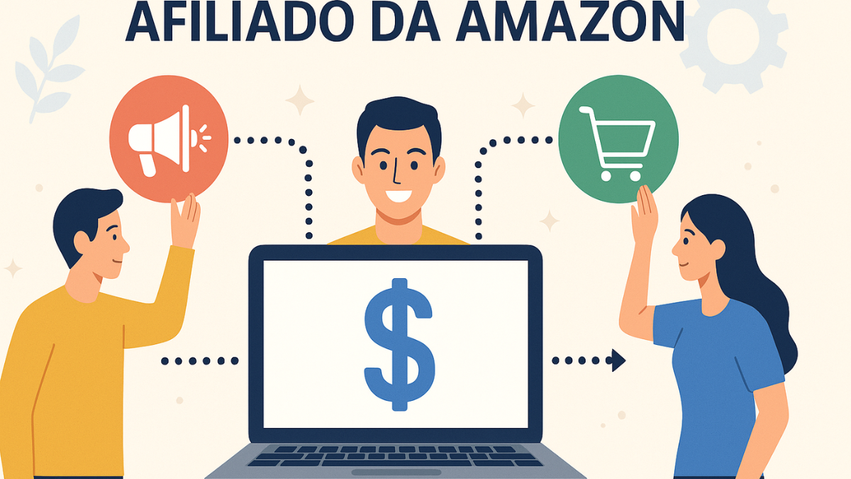 Ilustração mostrando afiliado da Amazon conectando consumidores a produtos com laptop e ícones de vendas