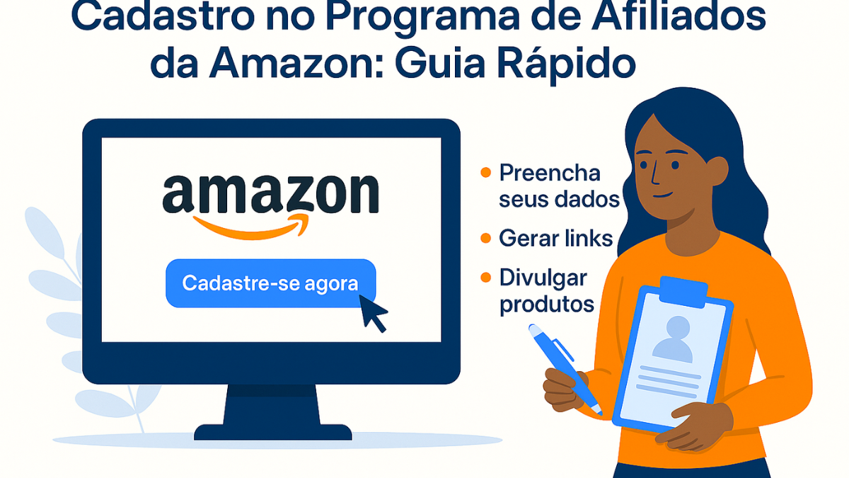 Ilustração explicando como fazer o cadastro no programa de afiliados da Amazon com etapas visuais