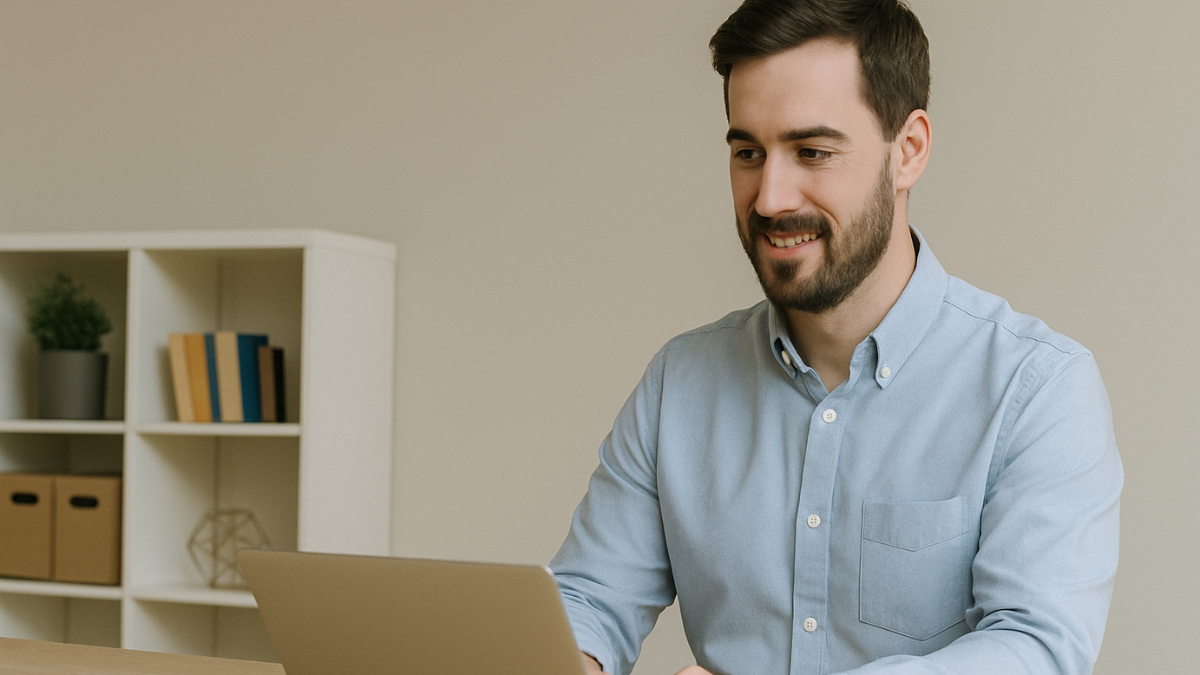 Homem jovem sorridente digitando em notebook em ambiente moderno, representando foco em estratégias de marketing digital.