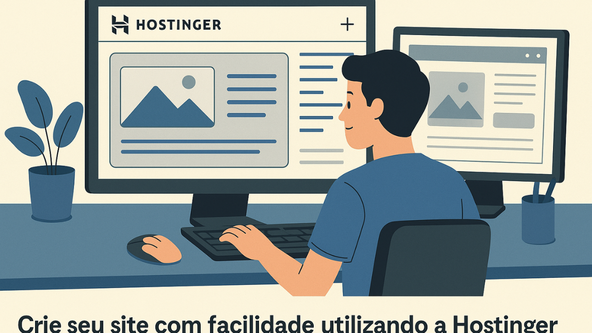 Pessoa configurando blog de afiliado da Amazon usando a plataforma Hostinger em dois monitores