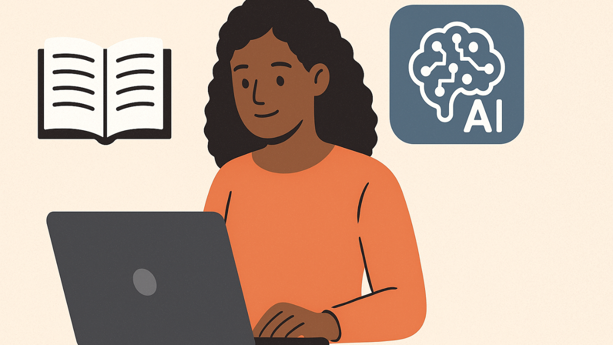 Mulher usando laptop para criar e-book com inteligência artificial e chat