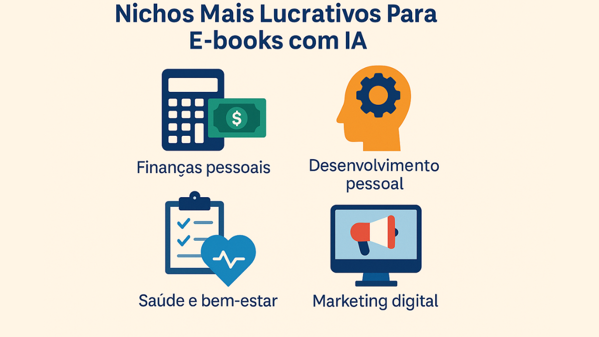 Ícones representando os nichos mais lucrativos para e-books com chat de IA