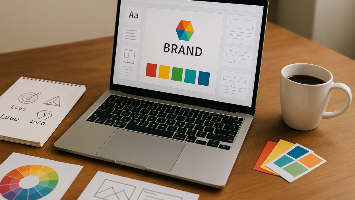 Mesa com notebook aberto exibindo design de logotipo, acompanhada de amostras de cores, esboços de layout e uma xícara de café.