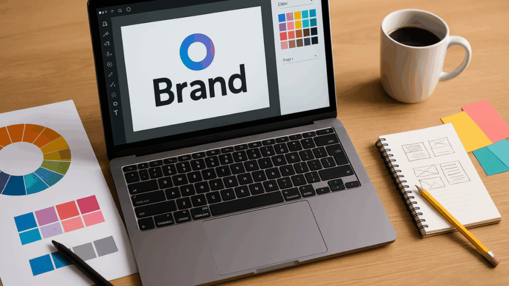 Notebook com design de logotipo aberto, ao lado de paleta de cores, esboços e café sobre uma mesa de madeira
