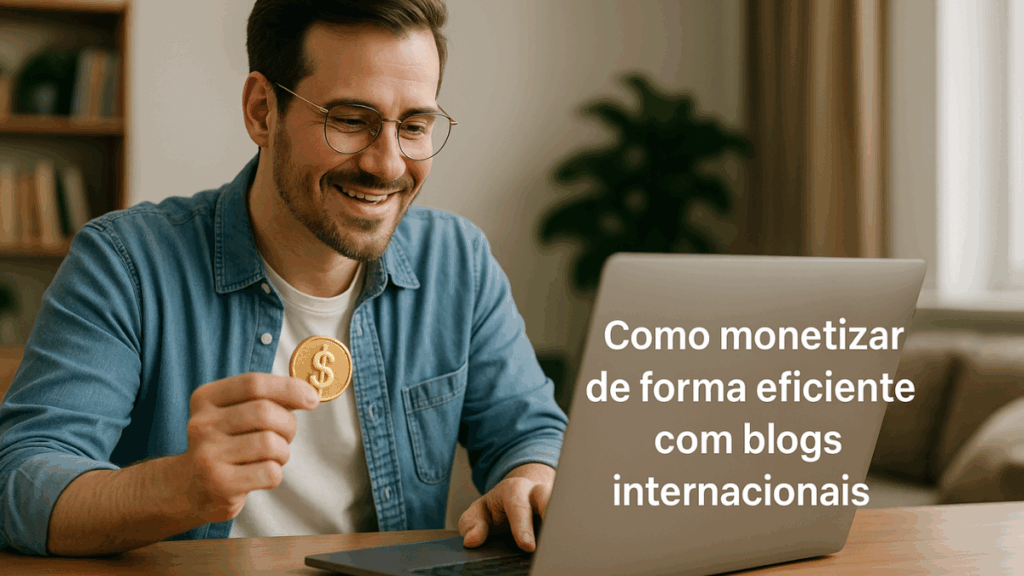 Homem sorridente segura moeda dourada com símbolo de dólar diante de laptop com texto sobre monetização de blogs internacionais.
