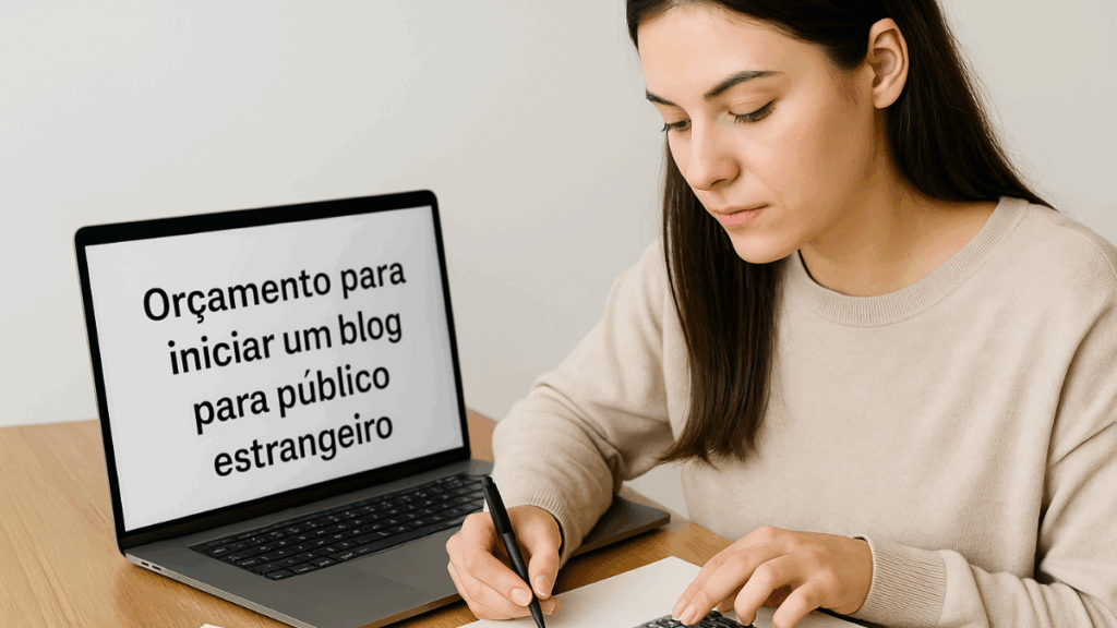 Mulher usando calculadora ao lado de laptop com texto “Orçamento para iniciar um blog para público estrangeiro”.