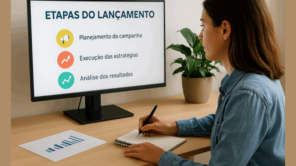 Mulher analisando as etapas do lançamento digital em tela de computador, enquanto toma notas em seu caderno.