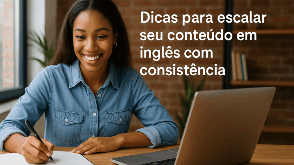 Mulher sorridente anota em caderno enquanto trabalha no laptop, ao lado do texto “Dicas para escalar seu conteúdo em inglês com consistência”.