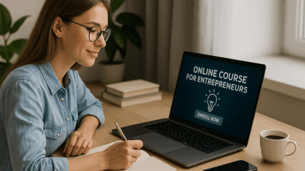 Mulher pensativa olhando para o notebook enquanto pesquisa recursos online para empreendedores, com caderno e smartphone ao lado.