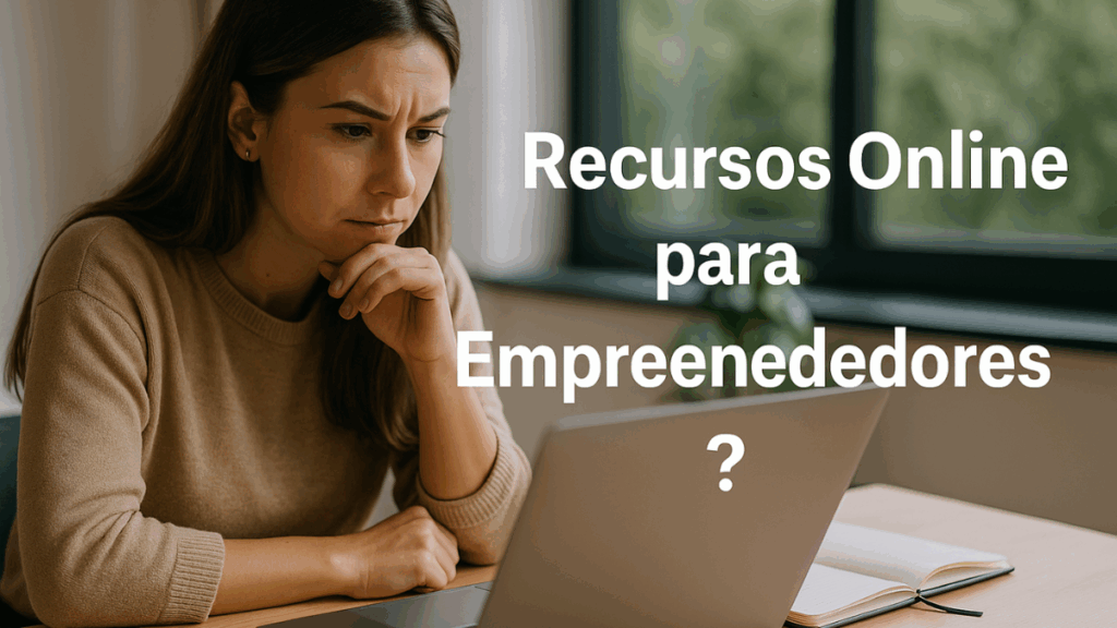 Mulher pensativa olhando para o notebook enquanto pesquisa recursos online para empreendedores, com caderno e smartphone ao lado.