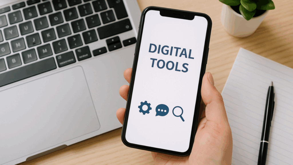 Mão segurando smartphone com a frase "Digital Tools" na tela, ao lado de notebook, caderno e planta, representando recursos tecnológicos para empreendedores.