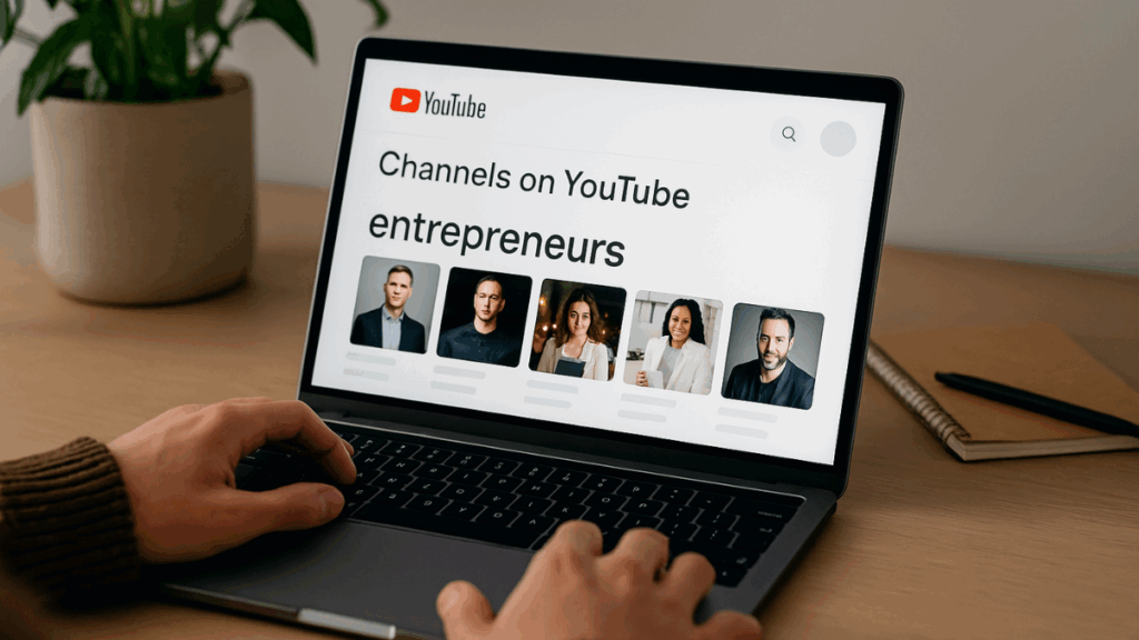 Pessoa acessando canais no YouTube sobre empreendedorismo em um notebook, com miniaturas de vídeos e ambiente de trabalho organizado.