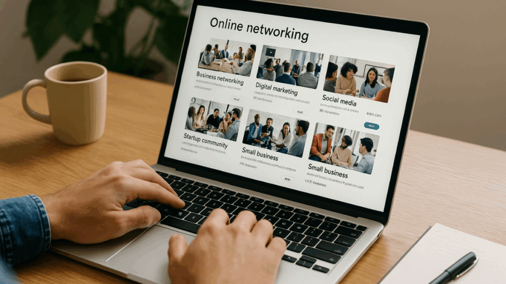 Pessoa usando notebook para explorar comunidades e grupos de networking online voltados a empreendedores, com categorias visíveis na tela.