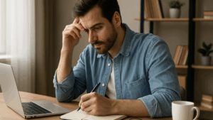 Homem utilizando notebook em ambiente iluminado e moderno, com expressão concentrada, representando foco e combate à procrastinação.