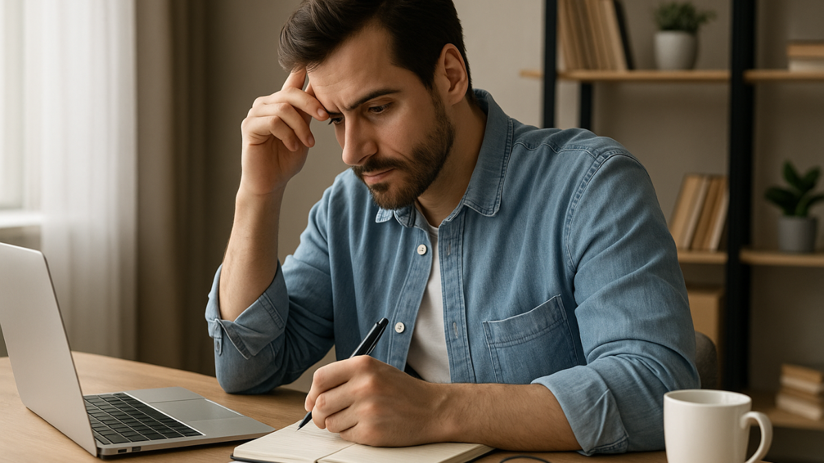 Homem utilizando notebook em ambiente iluminado e moderno, com expressão concentrada, representando foco e combate à procrastinação.