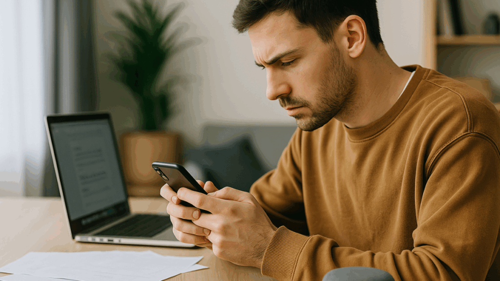 Pessoa desativando notificações no celular e usando notebook com foco, representando controle de distrações digitais no ambiente de trabalho.