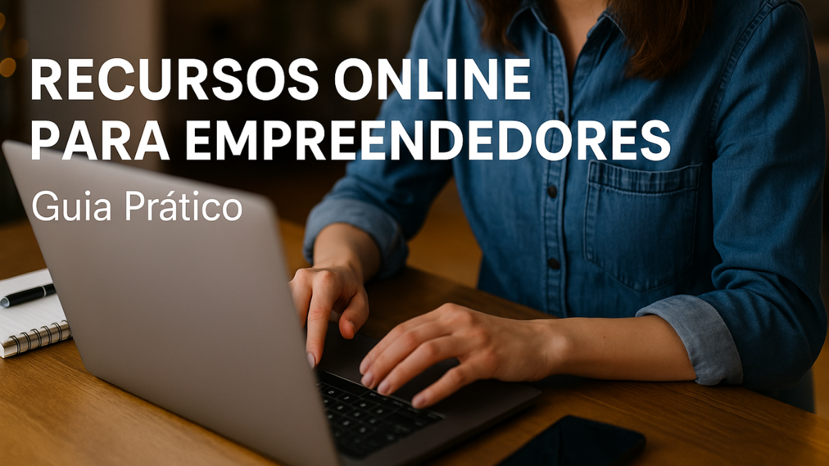 Mulher usando notebook em ambiente de trabalho com materiais de apoio, representando o uso de recursos online para empreendedores.