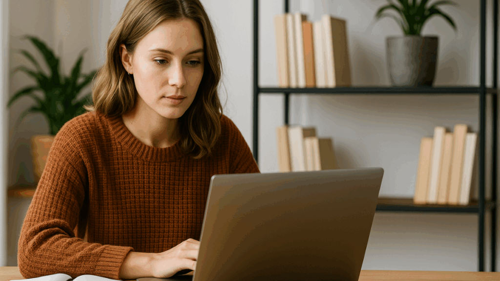 Mulher estudando cursos online para afiliados em ambiente de trabalho com laptop.