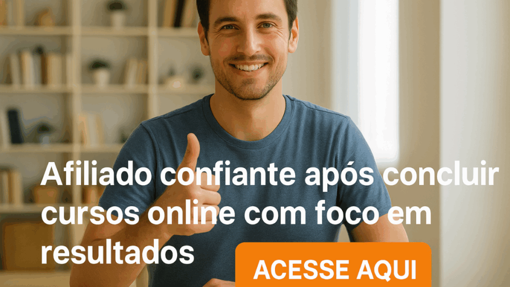 Afiliado sorrindo, fazendo sinal de positivo e apresentando um CTA chamativo, incentivando o acesso aos cursos online que realmente geram resultados para afiliados.