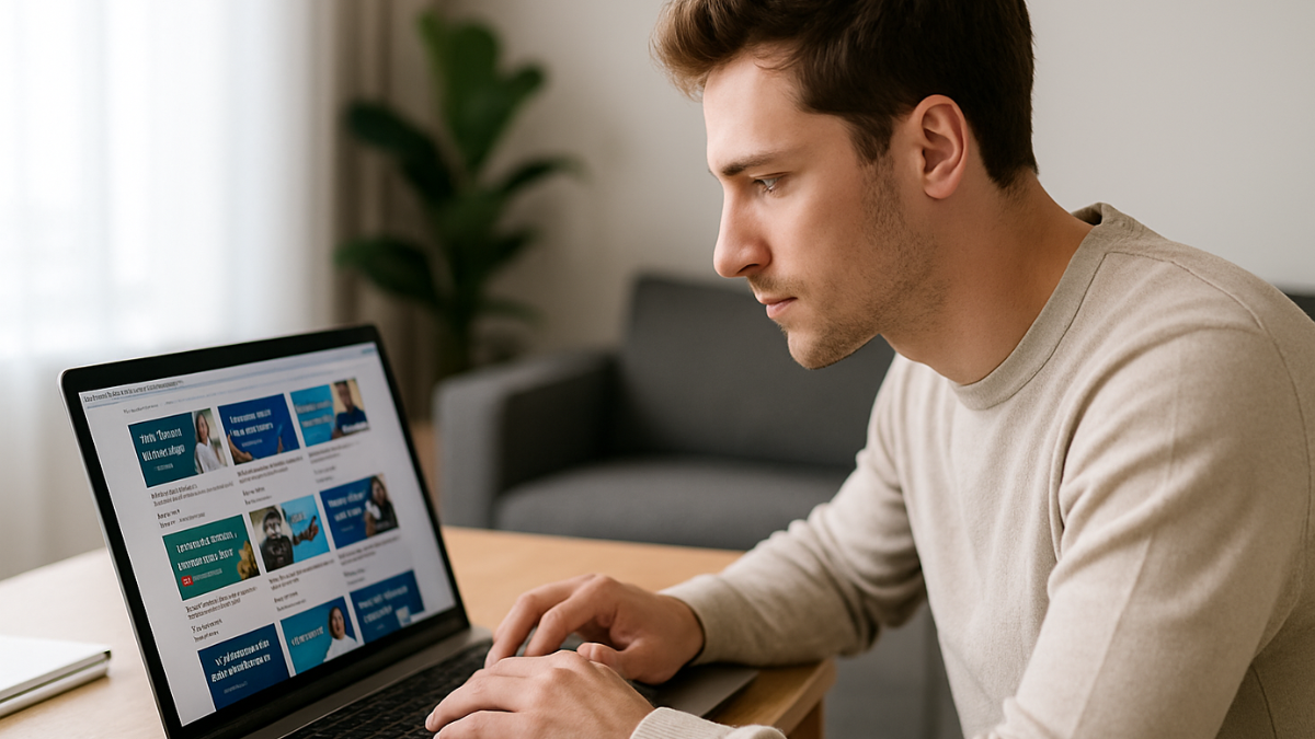 Jovem pesquisando cursos online que realmente geram resultados para afiliados em um ambiente de trabalho moderno.