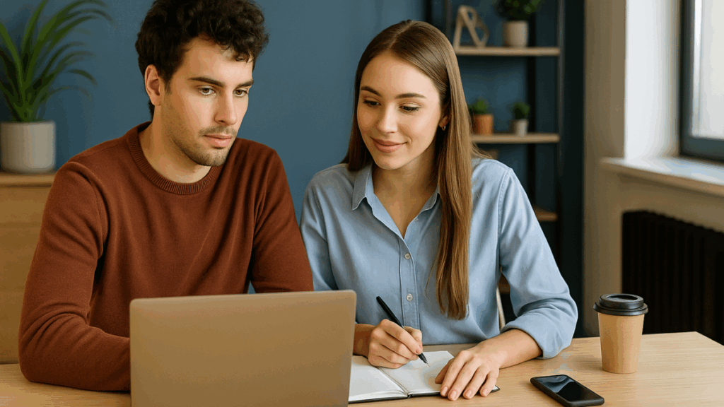Dois afiliados estudando juntos cursos online para melhorar os resultados e conquistar as primeiras vendas.