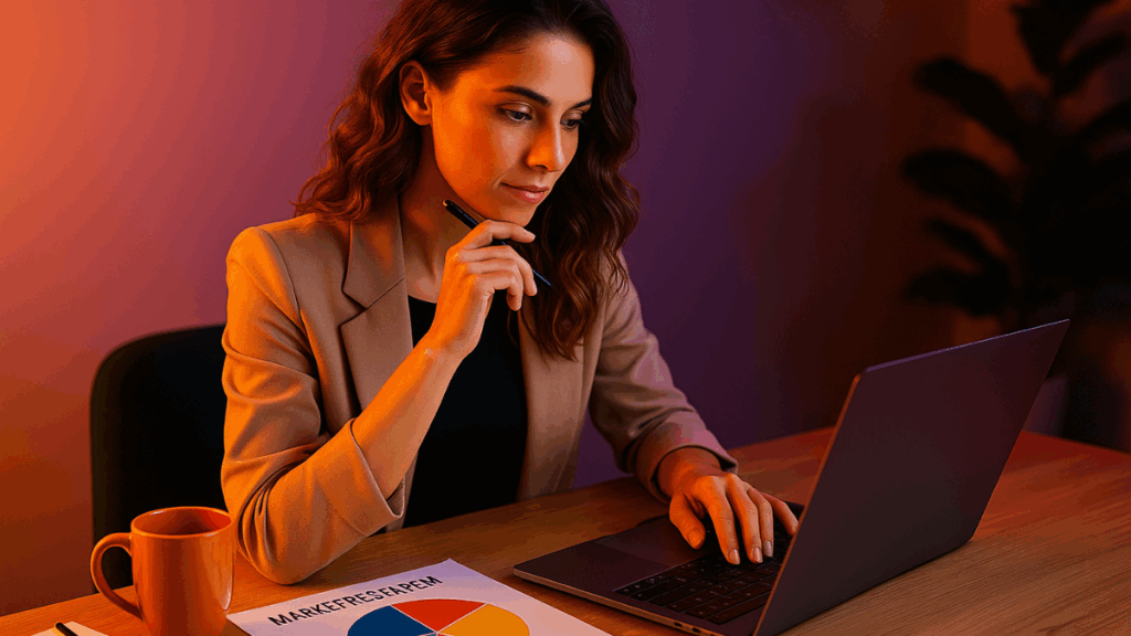 Empreendedora analisando nichos de mercado em ambiente moderno de trabalho
