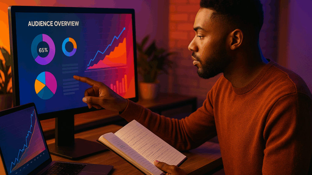 Profissional analisando gráficos de audiência e dados de mercado para definição de público-alvo