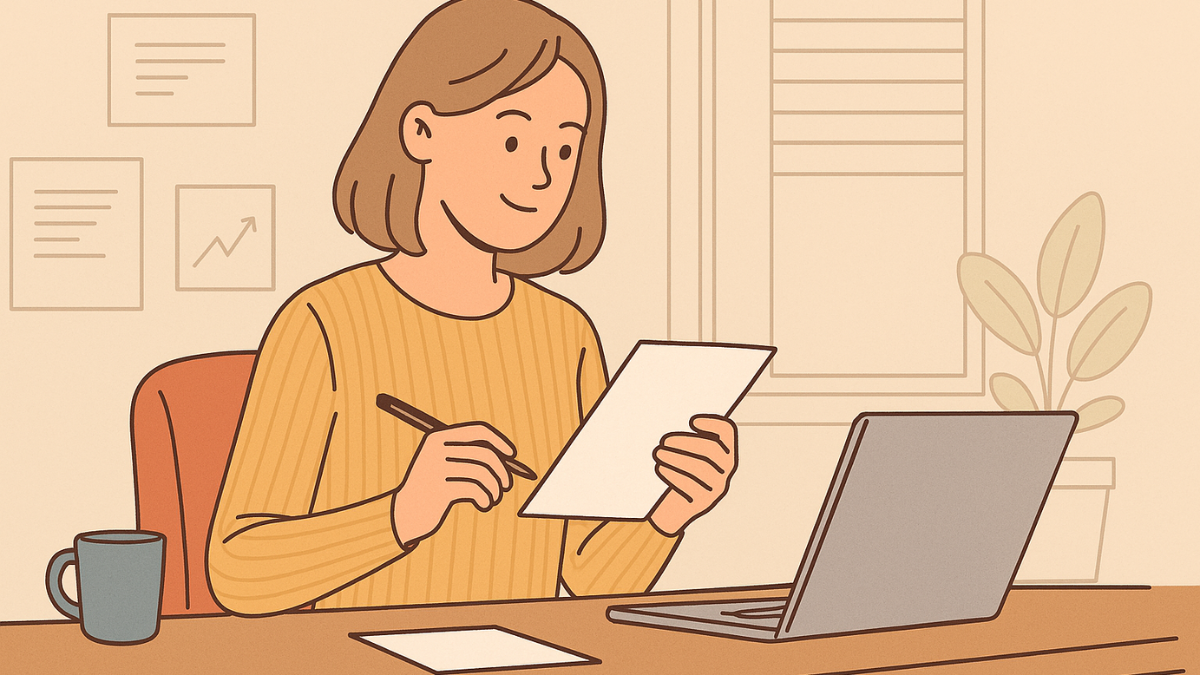 Mulher analisando resultados de marketing digital em um ambiente de trabalho, com laptop, papel e gráficos de desempenho.