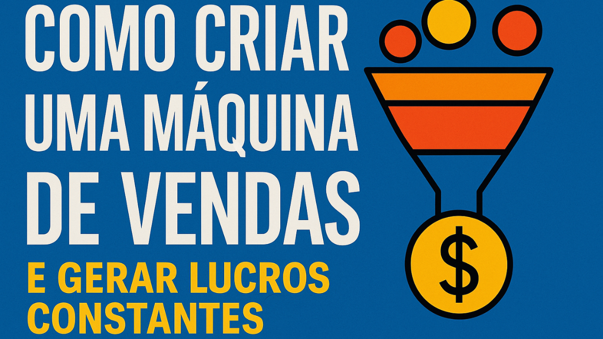 Imagem estilo capa de revista com a frase-chave "Como criar uma máquina de vendas" destacada, ilustrando conceitos de marketing e vendas online.