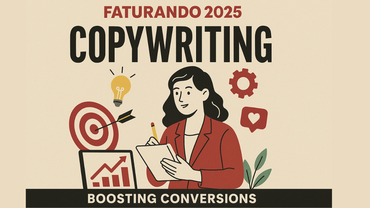 Ilustração de copywriting para conversões, com elementos visuais de marketing como alvo, gráfico de vendas, lâmpada de ideias e ícone de curtida.