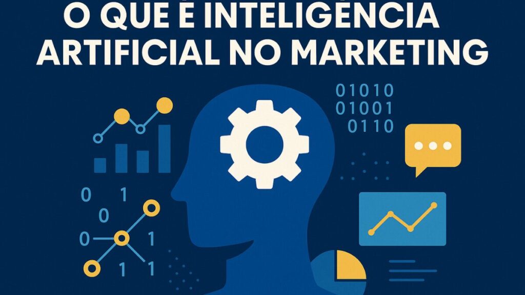 Ilustração 2D com perfil humano, engrenagem no cérebro e ícones de dados e comunicação digital, representando o conceito de IA no marketing.