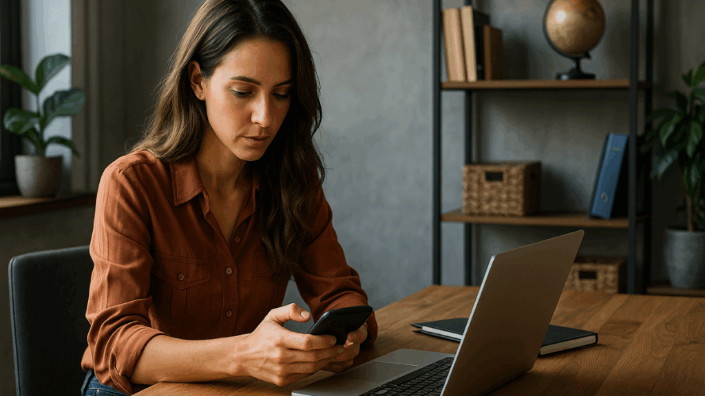 Jovem empreendedora analisando dados no celular e notebook, representando as mudanças no perfil no empreendedorismo digital em 2025