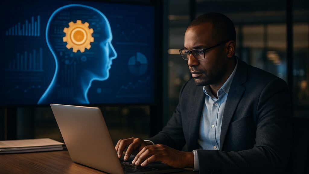 Homem de negócios usando laptop em escritório moderno com tela exibindo representação digital de inteligência artificial.